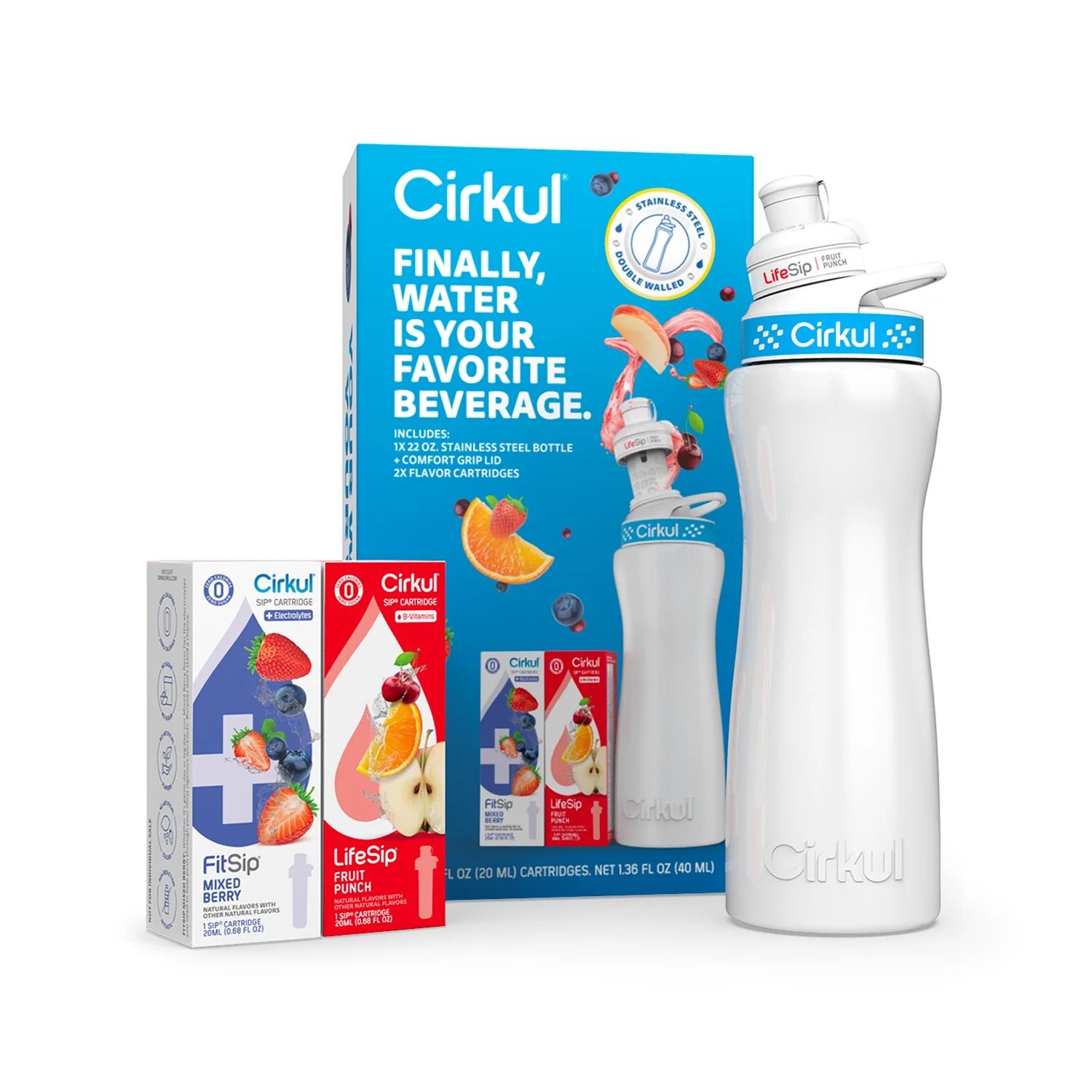 Cirkul 22oz White Stainless Steel Water Bottle Starter Kit with Blue Lid and 2 Flavor Cartridges ... | Walmart (US)