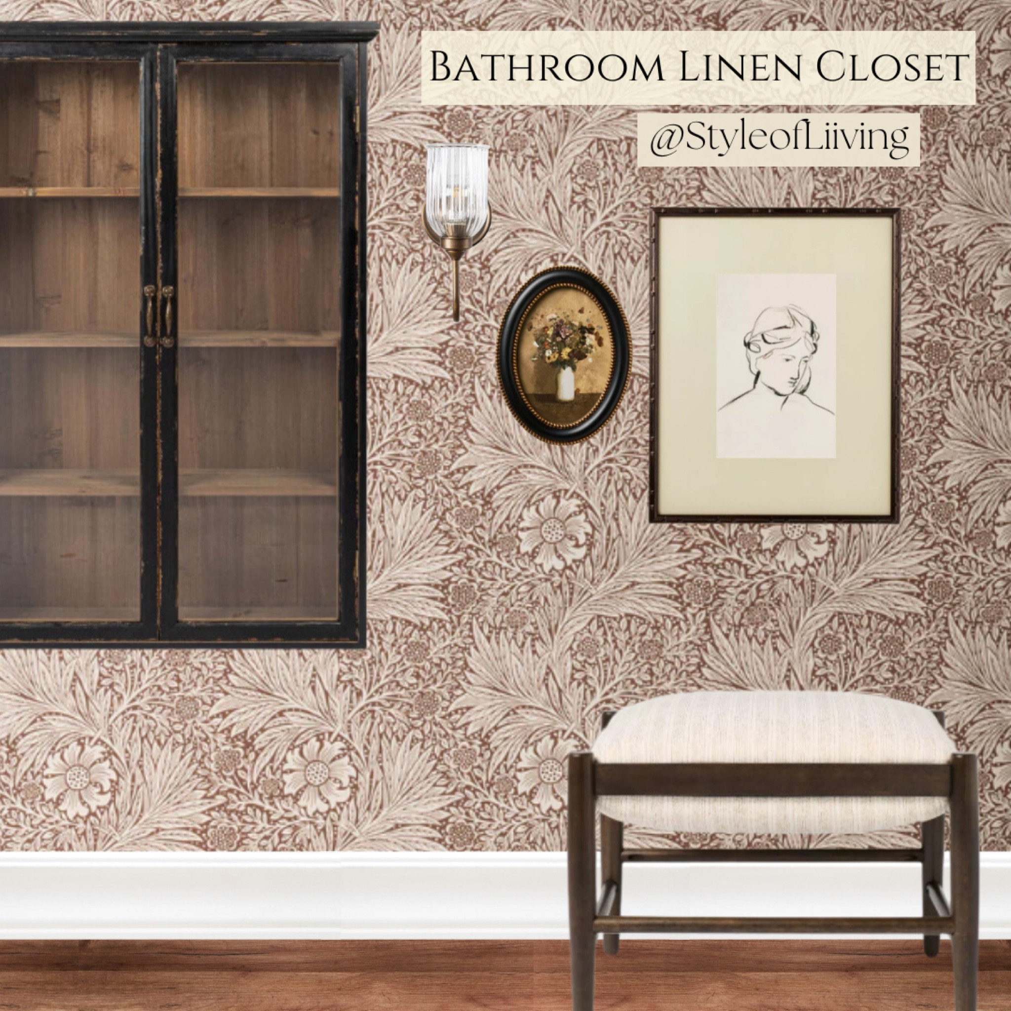 Bathroom linen closet inspiration. Moody wallpaper, wall cabinet, ottoman, wall art framed, wall sconces vintage inspired. Home decor.

#LTKStyleTip #LTKFamily #LTKHome