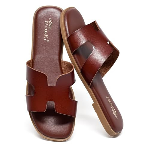 NianEr Womens Microfiber Leather Memory Foam Support H Sandals Square Toe Dress Dressy Slip On Casual Cute Comfort Bride Bridal Wedding Designer Date Flat Sandals Summer Shoes Slides burgundy Size 9.5 | Amazon (US)