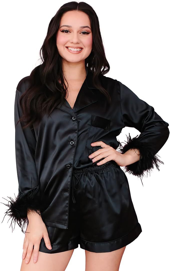 Belle's Design Women's Feather Trim Silk Satin Pajama Set With Shorts Button Down 2 pieces Lounge... | Amazon (US)