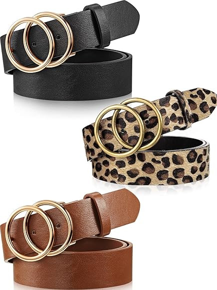 3 Pieces Women Leather Belt for Jeans Dress Waist Belts with Double Ring Buckle | Amazon (US)