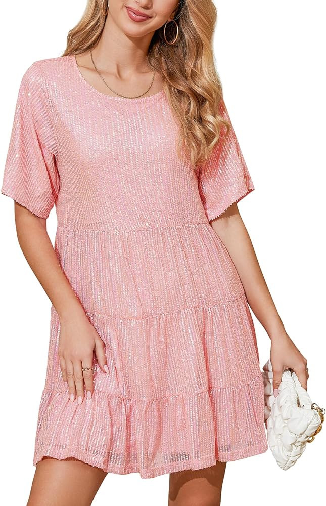 MAYSTEPPE Sparkly Glitter Dress, Sequin Babydoll Summer Dress Short Flowy Tiered Tunic Dress for ... | Amazon (CA)