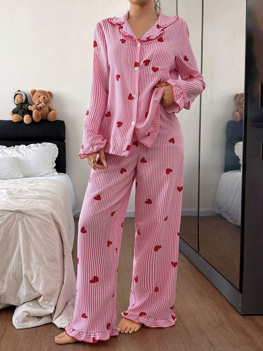 Women's Heart Striped Ruffle Collar Single-Breasted Top And Pants Pajama Set, Winter Clothes | SHEIN