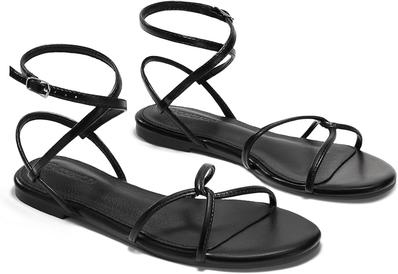 Coutgo Womens Flat Sandals Strappy Open Toe Cross Lace Up Ankle Strap Summer Dressy Beach Shoes | Amazon (US)