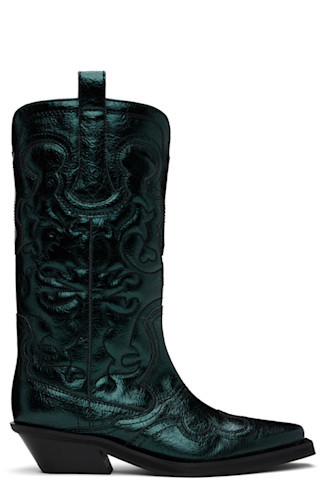 GANNI - Green Metallic Mid Shaft Embroidered Western Boots | SSENSE
