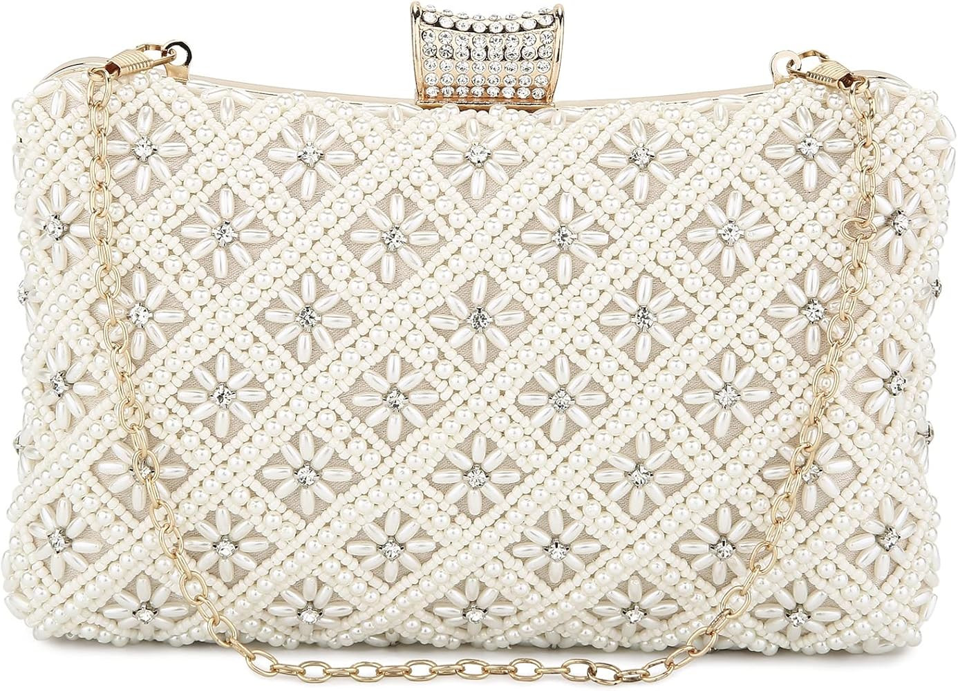 UBORSE Women Pearl Clutch Bag Noble Crystal Beaded Evening Bag Wedding Clutch with Pearl Chain | Amazon (US)