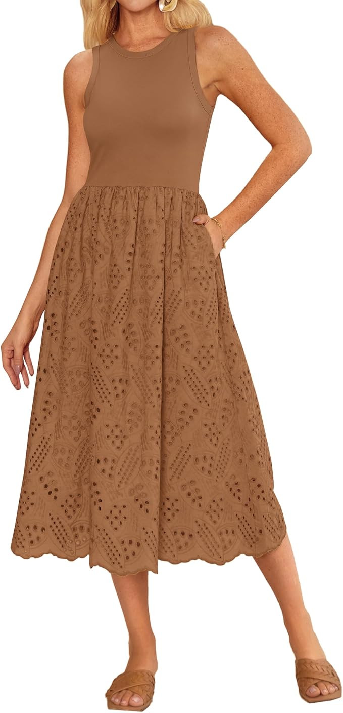 GRACE KARIN Women's Summer Sleeveless Tank Dress A Line Midi Dress Eyelet Crewneck Casual Holiday... | Amazon (US)