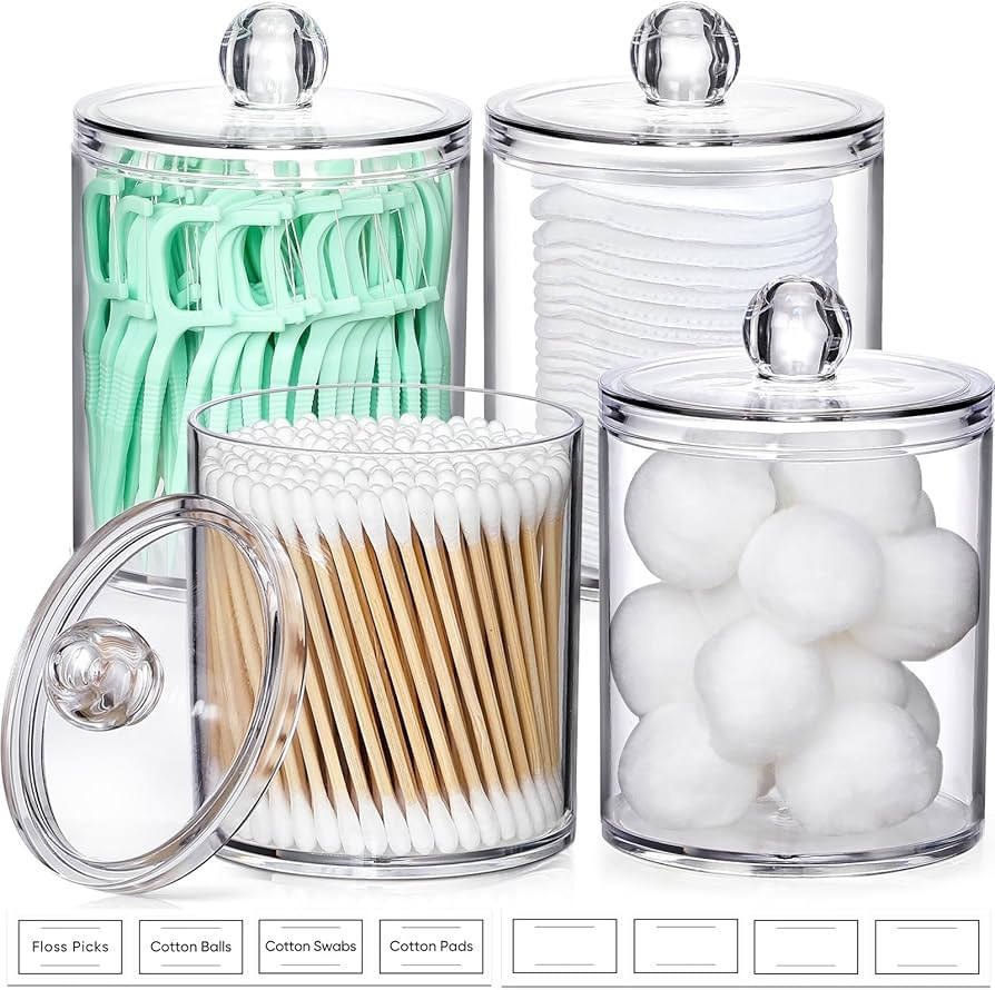 4 Pack Acrylic Qtip Holder Dispenser for Cotton Swabs, Balls, Pads, Floss Picks- Small Clear Acry... | Amazon (US)