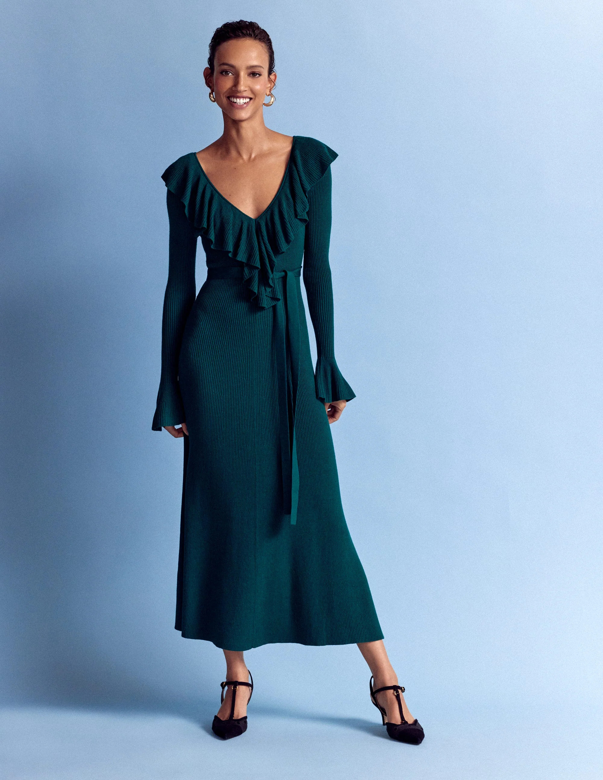 Ruffled Ribbed Dress-Emerald Night | Boden (US)