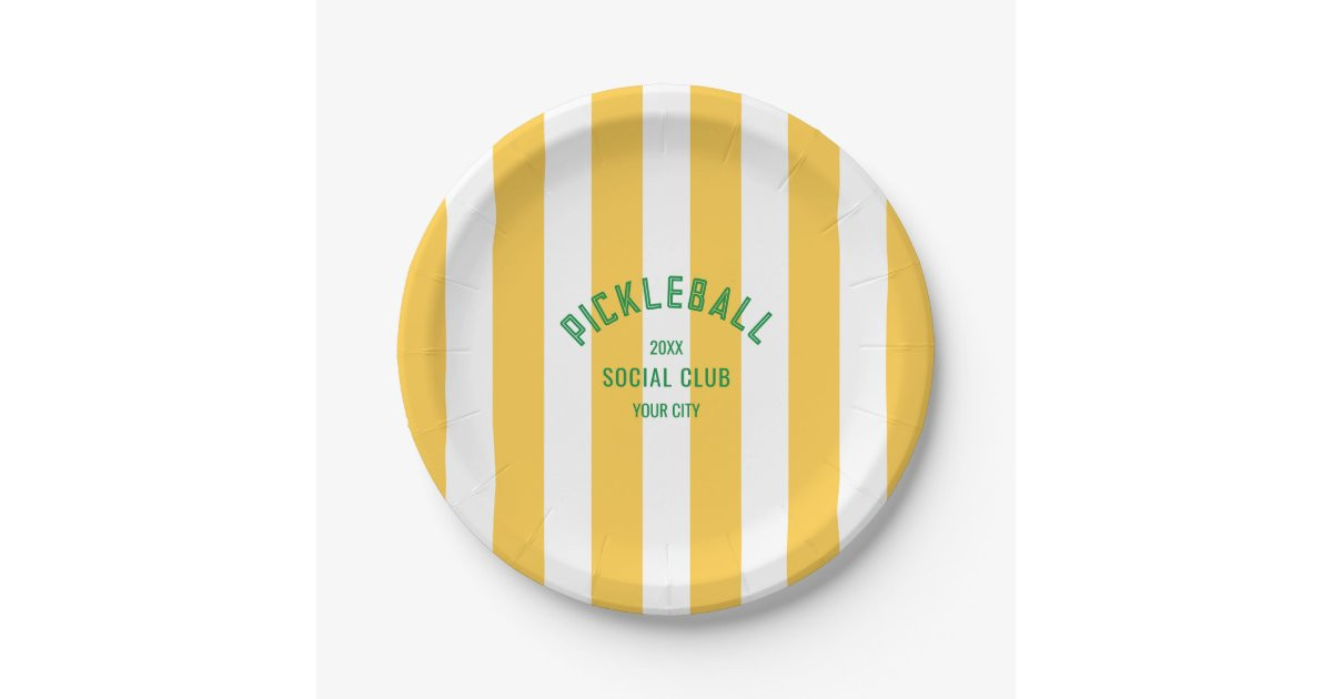 Pickleball Social Club Crest Yellow Cabana Stripe Paper Plates | Zazzle | Zazzle