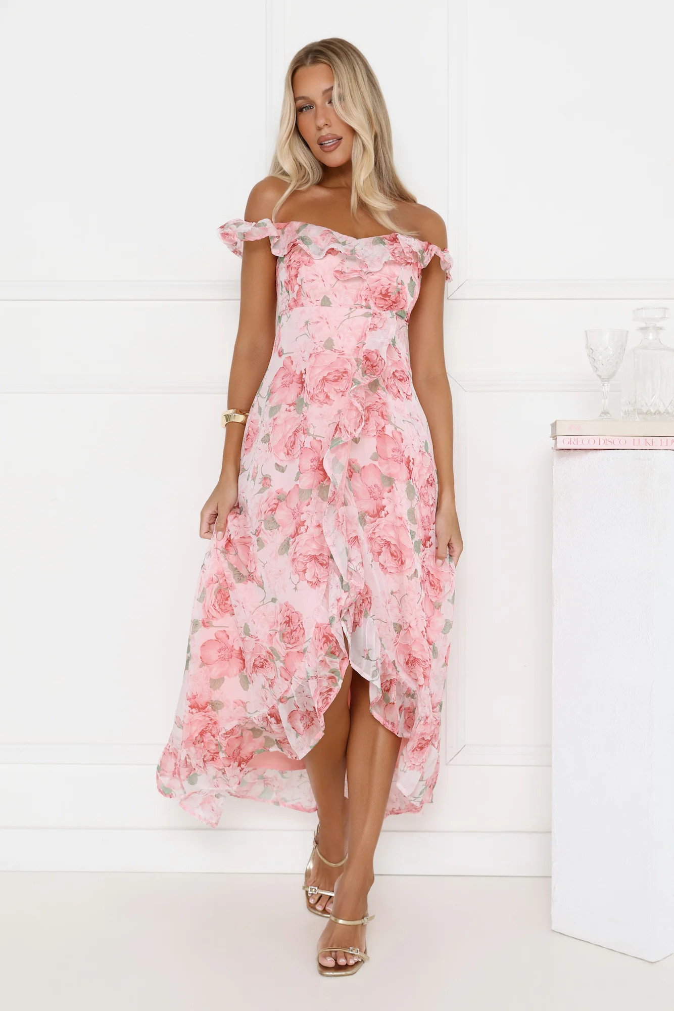 Whispering Blossoms Off Shoulder Maxi Dress Pink | Hello Molly (US)