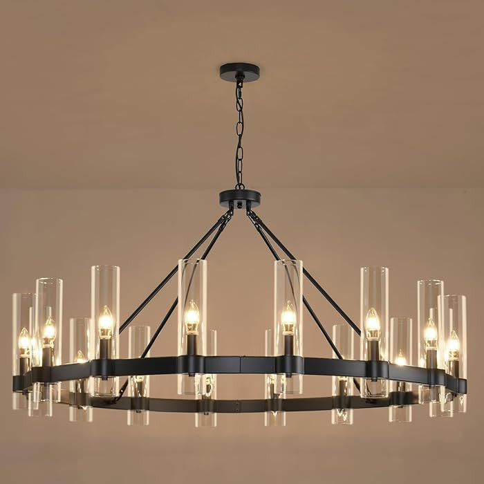 48 Inch Black Wagon Wheel Chandelier with Glass Shade, 16-Lights Black Farmhouse Chandeliers for ... | Amazon (US)