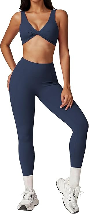 ABOCIW Workout Sets for Women Twist Front Cross Back Sports Bra High Waist Leggings 2 Piece Yoga ... | Amazon (US)
