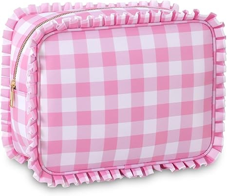 Gingham Ruffle Makeup Bag,Large Travel Cute Cosmetic Bag for Women Girls,Toiletry Bag Make up Org... | Amazon (US)