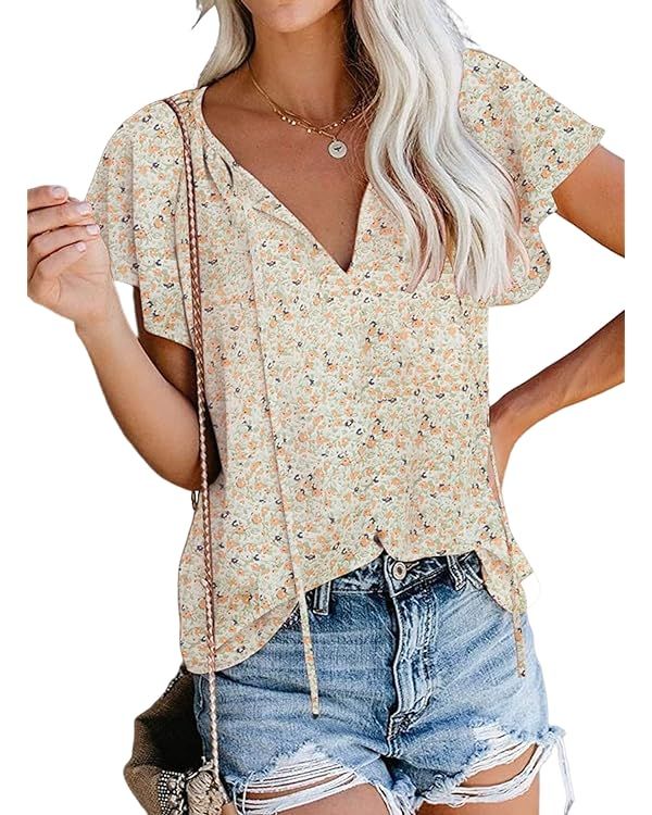 SimpleFun Women's Boho Tops Floral V Neck Short Sleeve Summer Blouse Shirts | Amazon (US)