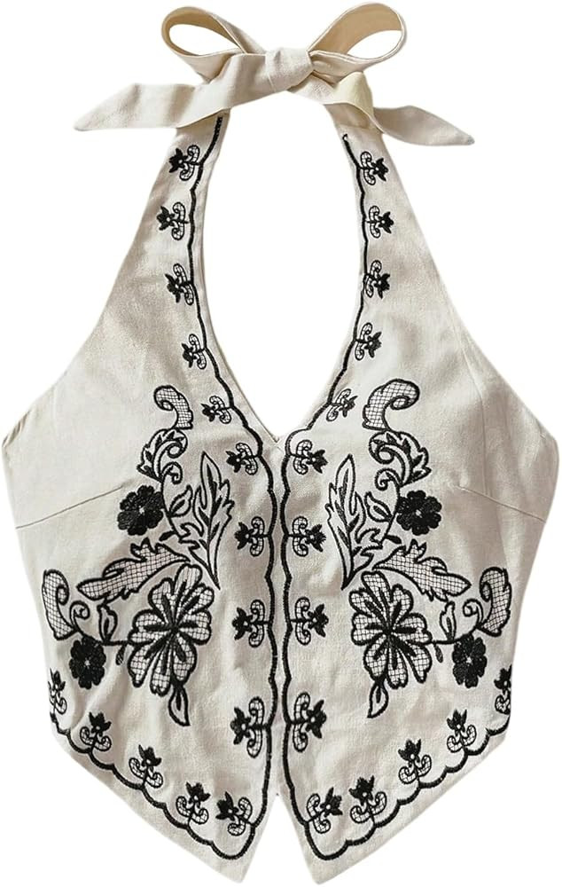 OYOANGLE Women's Floral Boho Summer Halter Crop Tops Embroidery Vacation Tank Top Tie Backless Vi... | Amazon (US)
