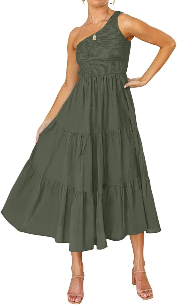ZCSIA Women's Summer Boho One Shoulder Sleeveless Solid Color Ruffle Beach Party Tiered Midi Dress | Amazon (US)