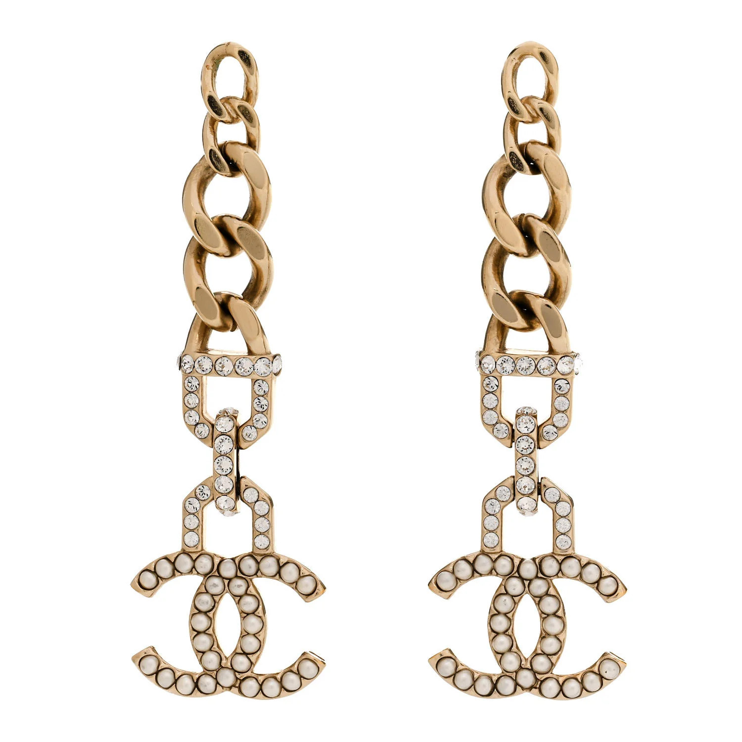 Pearl Crystal CC Chain Link Drop Earrings Gold | FASHIONPHILE (US)