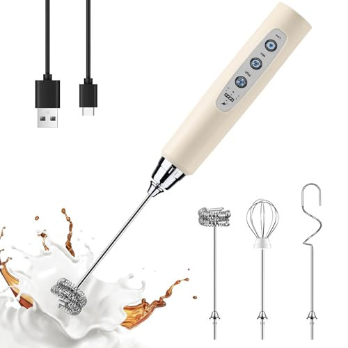 YUSWKO Beige Handheld Milk Frother Wand for Coffee, Rechargeable Electric Whisk with 3 Heads 3 Speeds Drink Mixer Coffee Frother For Latte, Cappuccino, Hot Chocolate, Egg | Amazon (US)