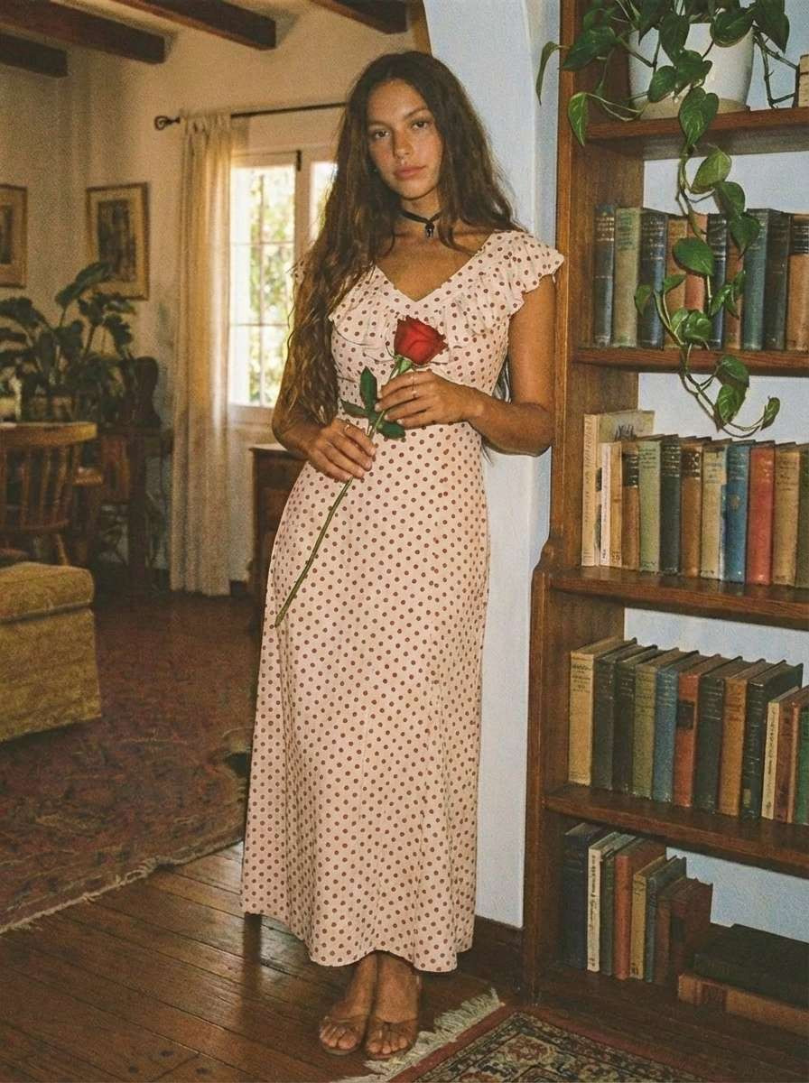 V-Neck Polka Dot Ruffled Maxi Dress | Cider