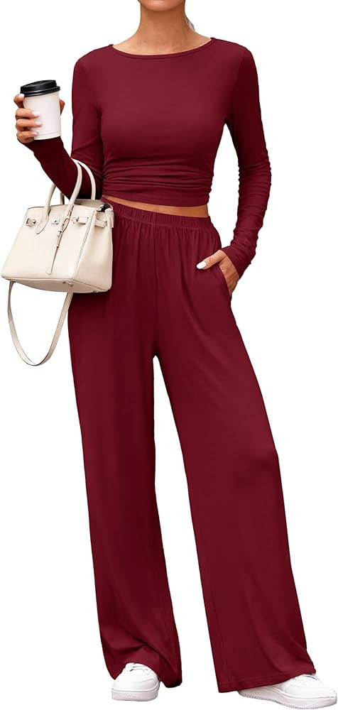 PRETTYGARDN Two Piece Lounge Sets For Women 2025 Casual Long Sleeve Shirts Wide Leg Pants Tracksu... | Amazon (US)