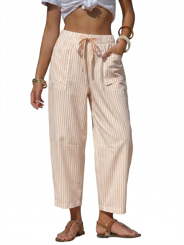 EXLURA Womens Faux Linen Striped Barrel Pants Comfy Drawstring Capri Pant with Pockets Summer Bea... | Amazon (US)