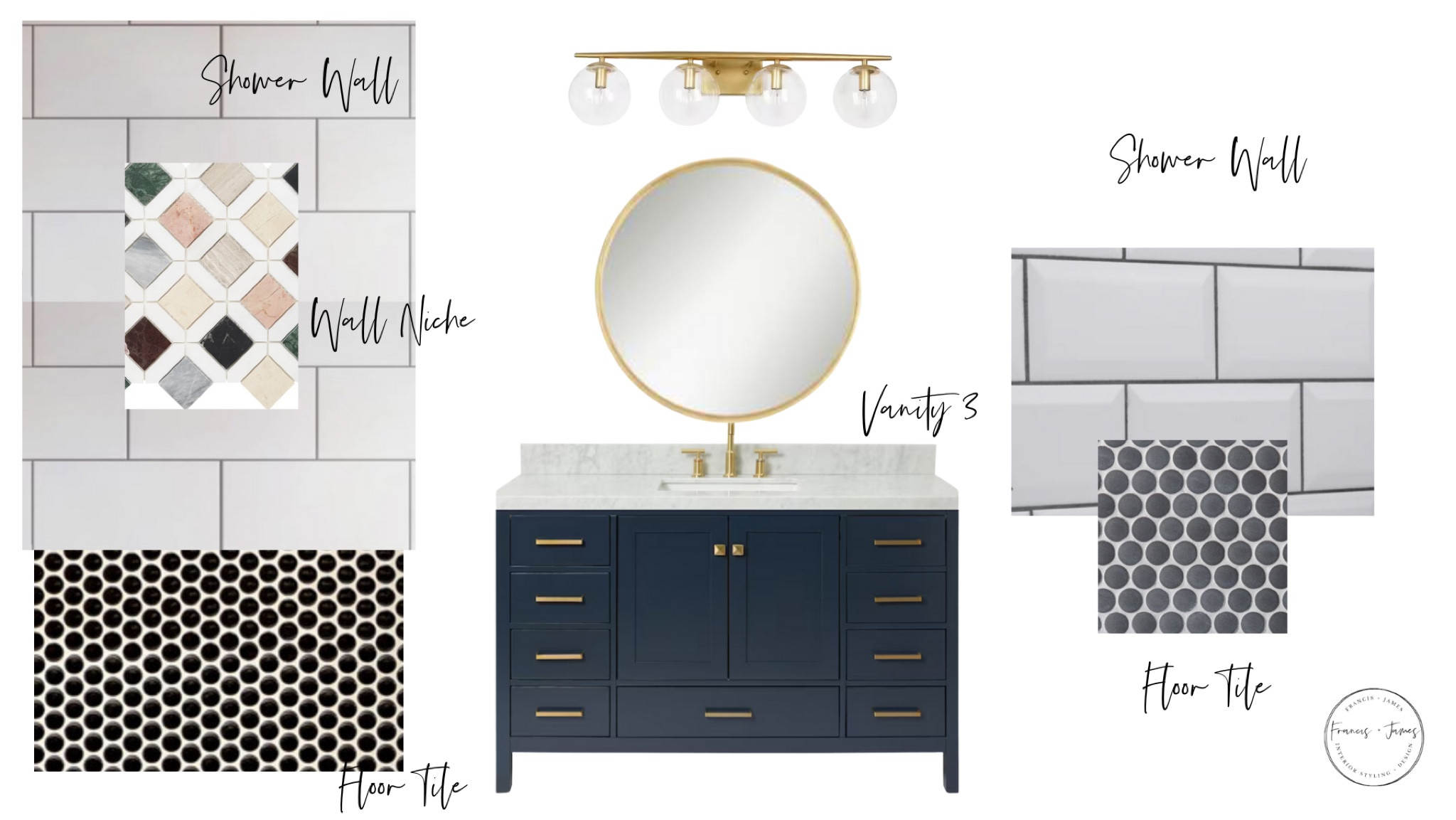 Vanity, mirror, gold mirror, gold lighting, subway tile, boho tile, navy vanity, bathroom remodel, bathroom renovation, penny tile, hexagon tiles 

#LTKhome #LTKfindsunder50 #LTKstyletip