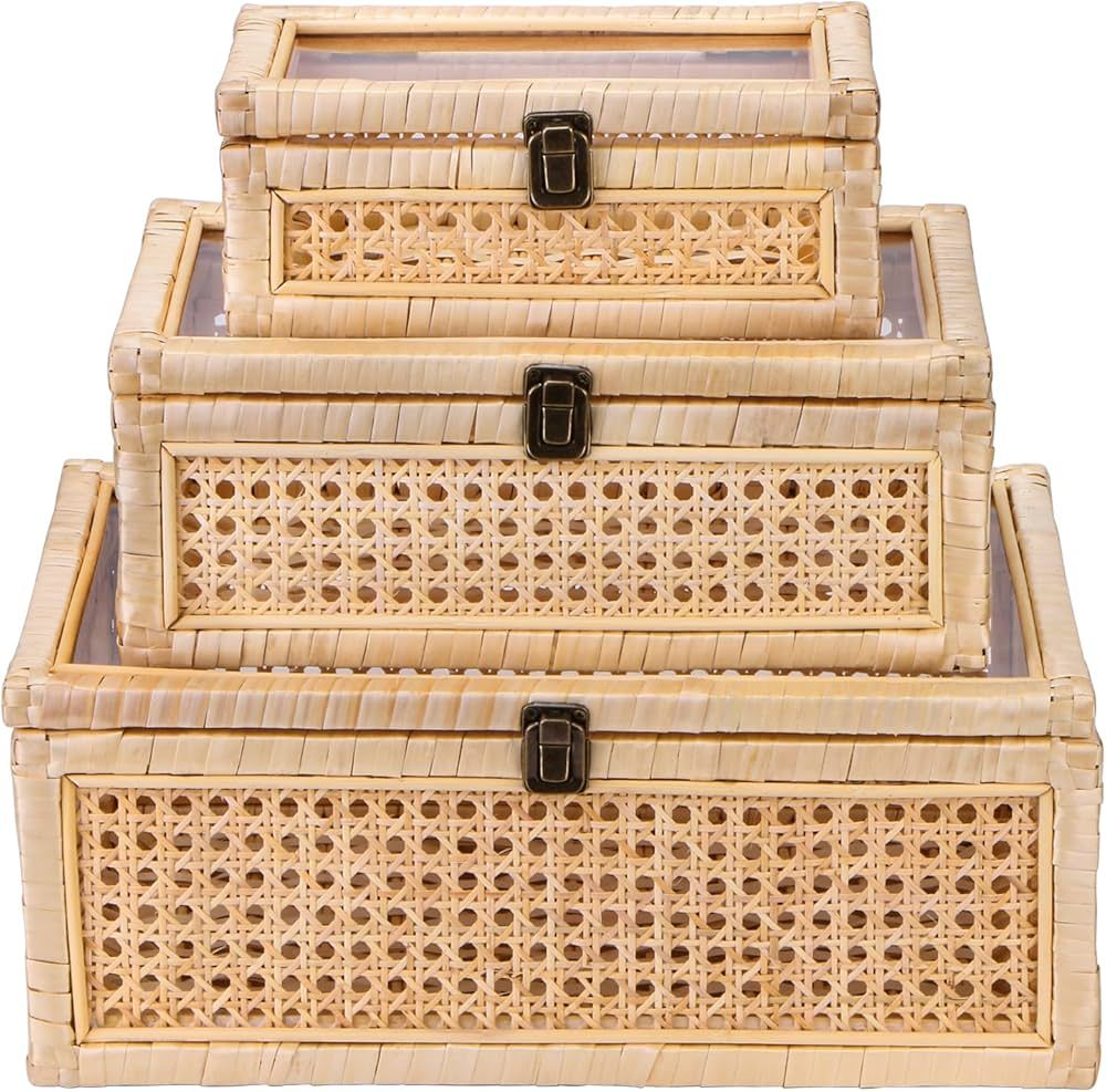 LEIFEOSH Set of 3 Rattan Boxes with Lids Rectangular Rattan Decorative Boxes Woven Cane and Ratta... | Amazon (US)