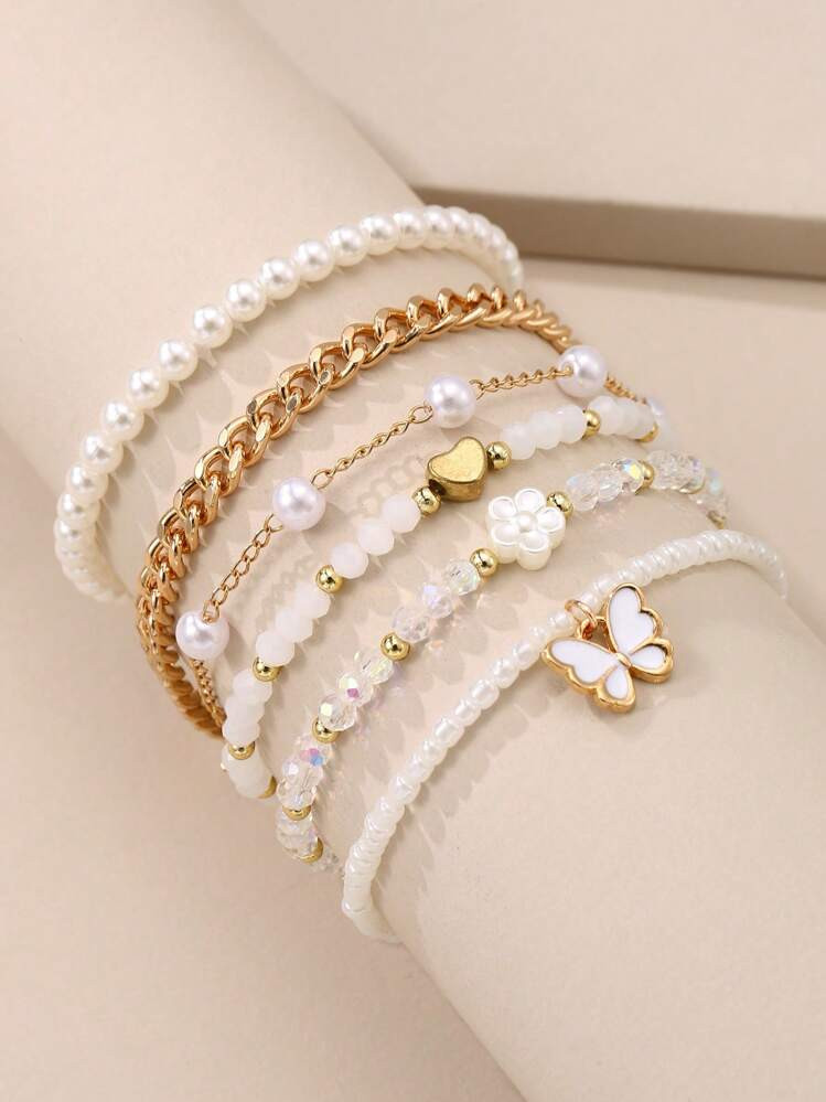 6pcs Girls' Pearl, Rice Bead, Heart & Butterfly Beaded Bracelets For Daily Decoration | SHEIN