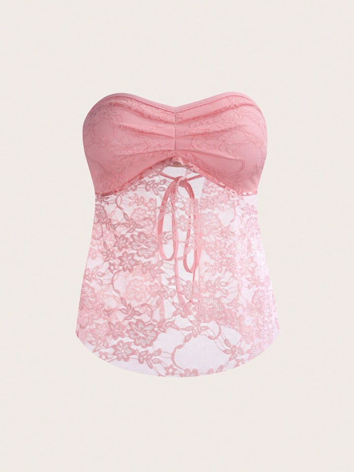 SHEIN ICON Contrast Lace Ruched Bust Tube Top | SHEIN