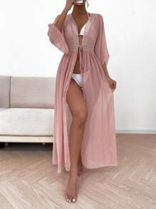 SHEIN Swim Summer Beach Hollow Out Trim Tie Front Kimono Without Bikini | SHEIN