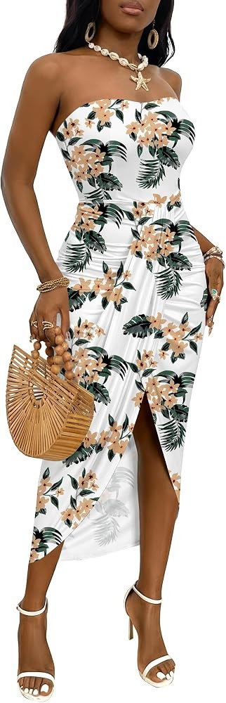 Umenlele Women's Strapless Ruched High Waist Wrap Split Asymmetrical Beach Maxi Long Dress | Amazon (US)