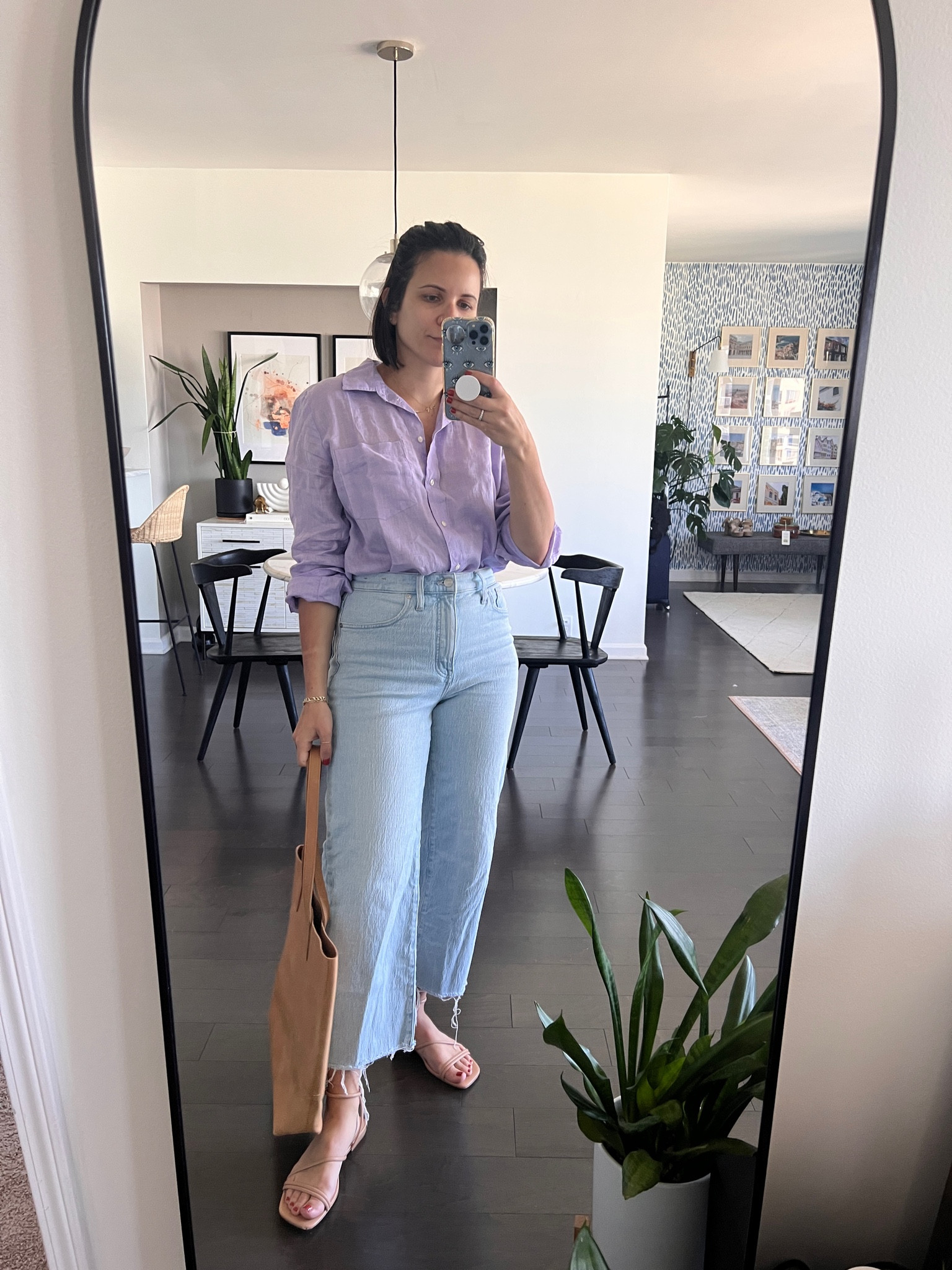 Lilac gap linen button down shirt with light wash Madewell perfect vintage wide leg crop jeans - these stretch a bit take your smaller size - old Marc fisher sandals but linked something similar and the able tote bag. Use code indigoday15 to get 15% off at able. Spring outfit #casualoutfit #madewelldenim #lilac 

#LTKunder100 #LTKstyletip #LTKFind