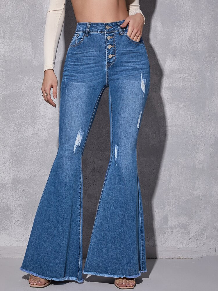 High Waist Ripped Raw Hem Flare Jeans | SHEIN