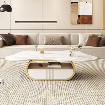 GDFStudio Spencer 41.7" Steel and Wood Pedestal Coffee Table with Sintered Stone Top, Gold/White | Target