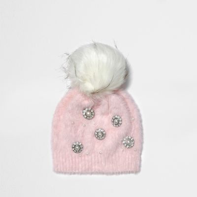 River Island Womens Light pink brooch faux fur bobble beanie hat | River Island (US)