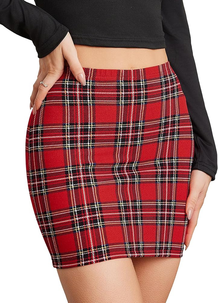 SOLY HUX Women's Plaid Mini Skirt Outfit Inspo Red Plaid Skirt Outfit Ideas Winter Skirts Black Top | Amazon (US)