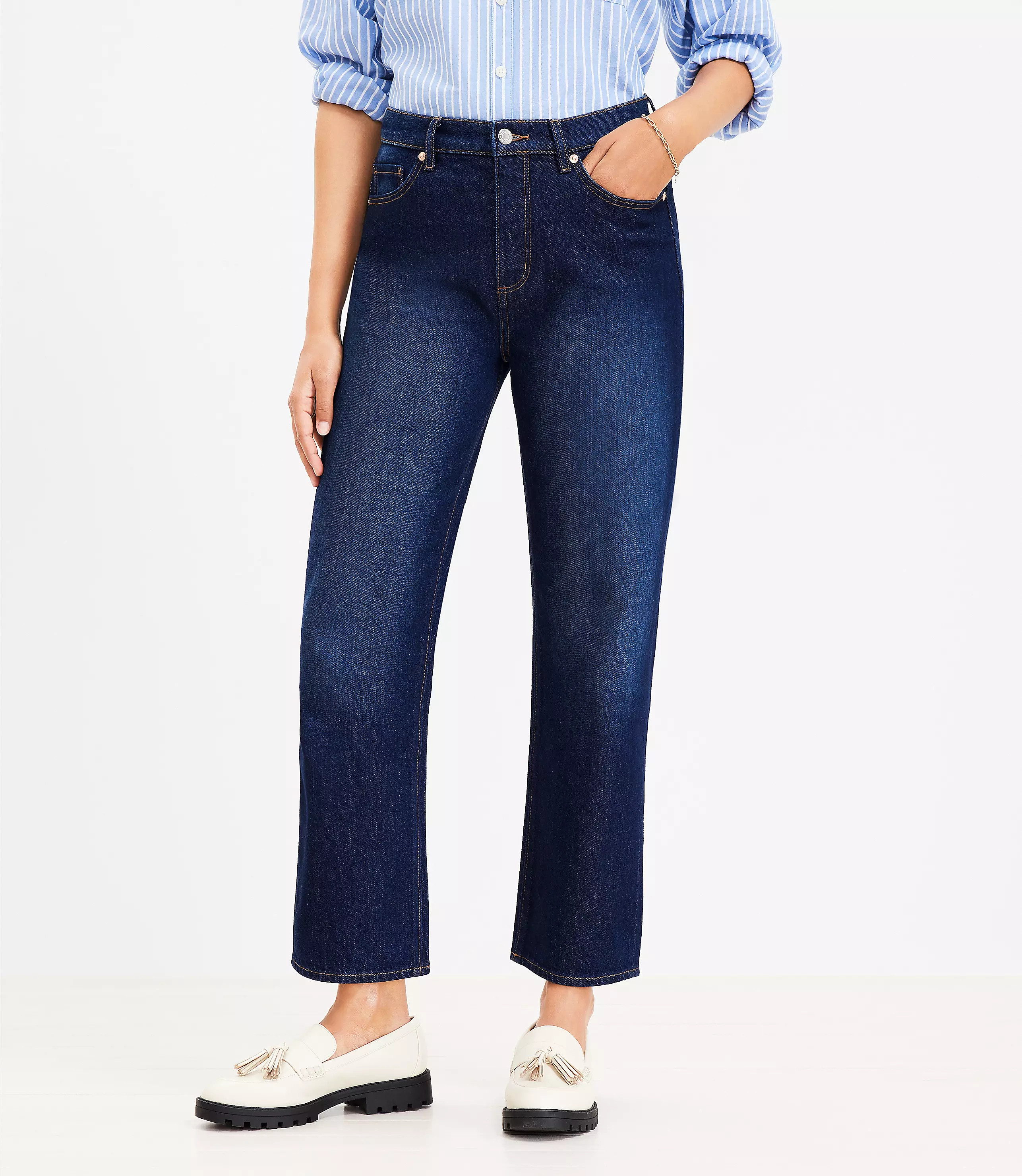 High Rise Straight Jeans in Clean Dark Wash | LOFT