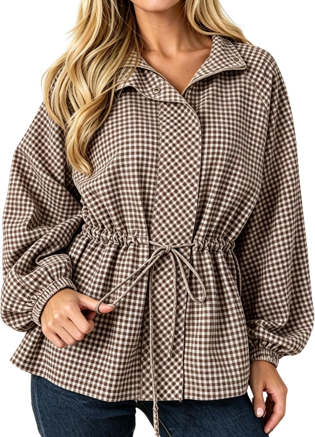 Women's Gingham Drawstring Jacket Stand Collar Zip Coat | Amazon (US)