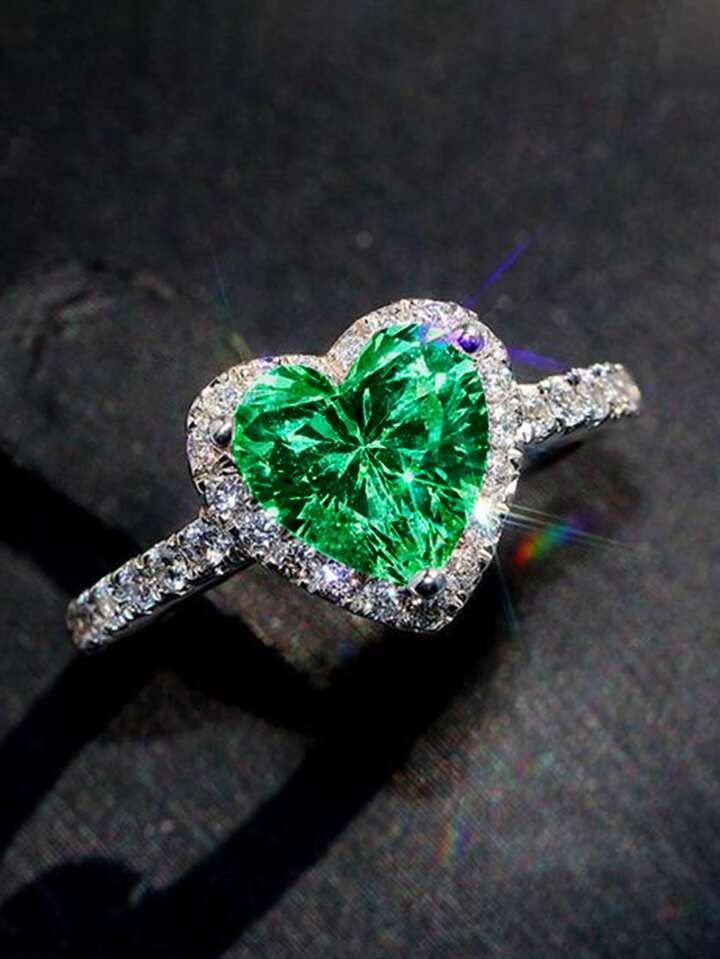 1 PC Romantic Green Heart Cubic Zirconia Ring For Women For Valentine'S Day Gift Wedding Engageme... | SHEIN