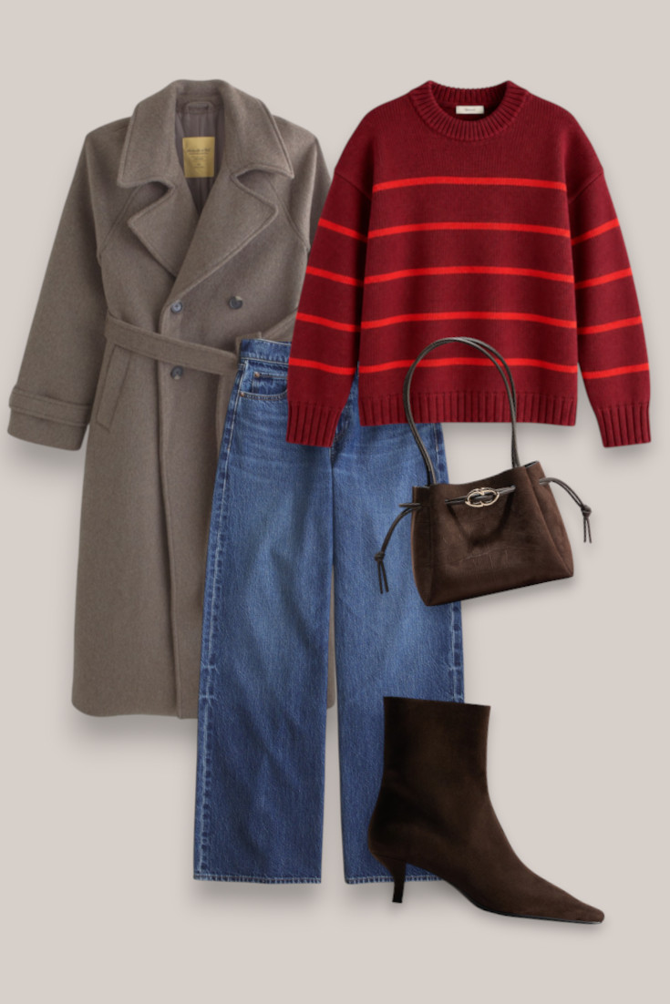 Easy casual winter outfit with wide leg jeans, a red striped sweater, brown ankle boots and a long wool coat. Love the mix of red, chocolate brown and denim for an everyday winter look. #winteroutfits #casualwinteroutfits #winterstyle #everydayoutfits 

 #LTKautumn #LTKjeans #LTKstyletip