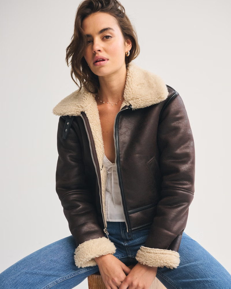 Short Vegan Leather Shearling Coat | Abercrombie & Fitch (US)