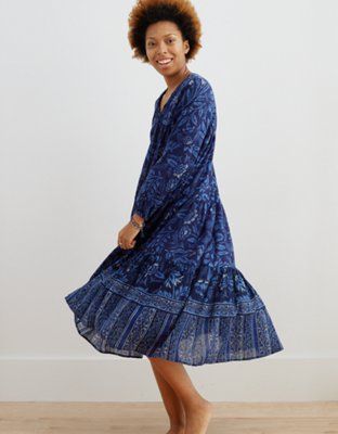 Aerie Long Sleeve Tiered Midi Dress | American Eagle Outfitters (US & CA)