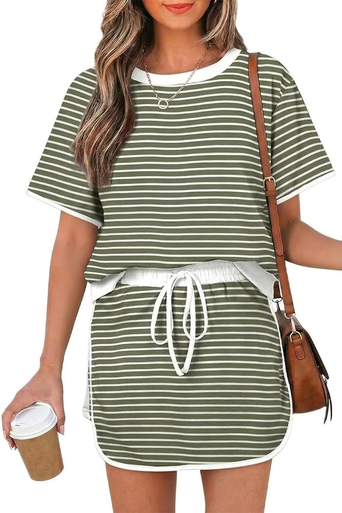 Opemiby Womens 2 Piece Skort Set 2026 Color Block Short Sleeve Top Drawstring Skort Matching Sets... | Amazon (US)