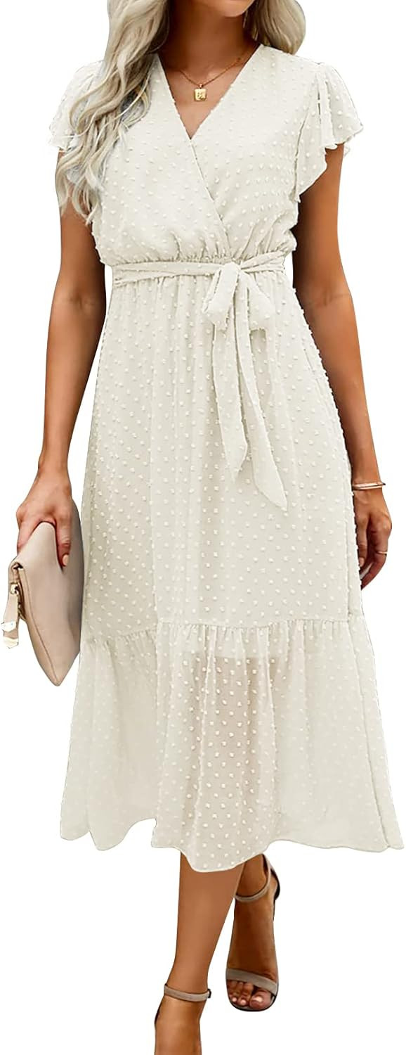Dazosue Women Short Sleeve Midi Dress Floral V Neck Summer Tie-Waist Casual Dresses | Amazon (CA)