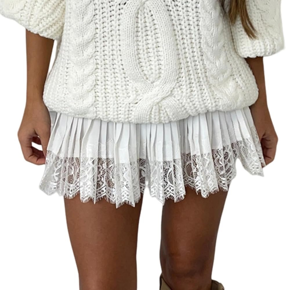Lace Slip Skirts for Women Y2K Low Waist Lace Pleated Ruffle Hem Short Skirts Layered Flowy Under... | Amazon (US)