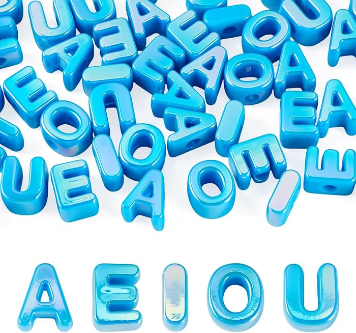 50Pcs Large Acrylic Letter Beads UV Plating Iridescent Vowel Alphabet Beads 3D Initial Slider Bead with Horizontal Hole for Bracelets Necklace Keychains Jewelry Making - Sea Blue | Amazon (US)