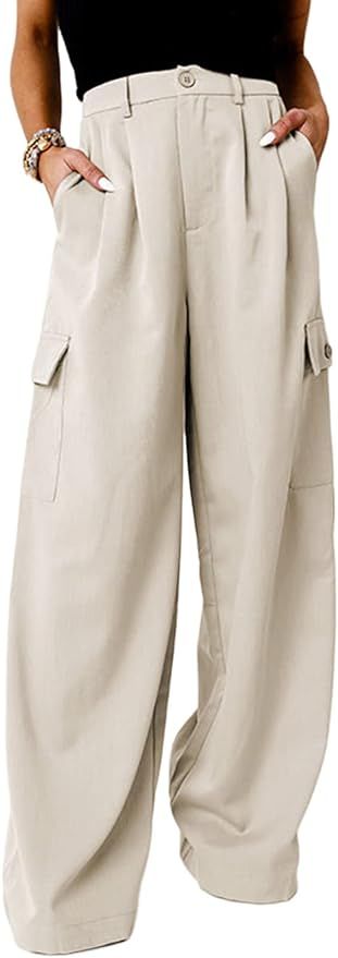 Dokotoo Womens High Waisted Wide Leg Cargo Pants Baggy Casual Work Pants with 4 Pockets | Amazon (US)