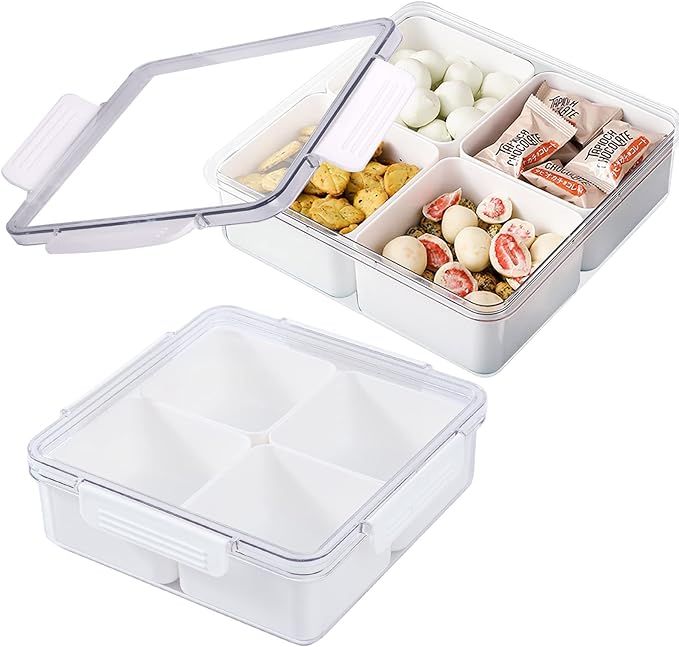 Yuroochii Divided Serving Tray with Lids& Removable, Snack Fruit Tray, 4 Compartment Square Food ... | Amazon (US)