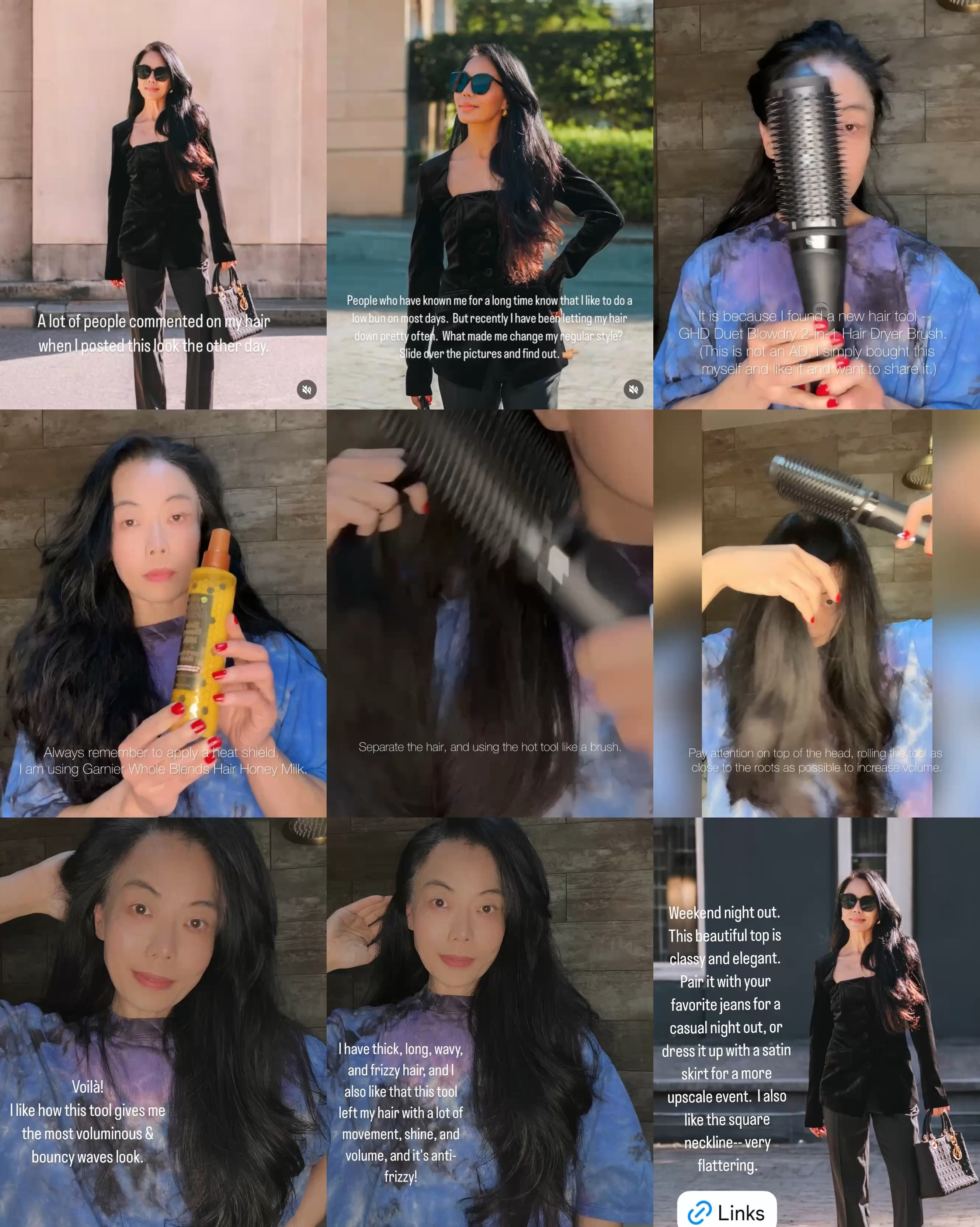 A lot of people commented on my hair when I posted this look the other day.

People who have known me for a long time know that I like to do a low bun on most days.  But recently I have been letting my hair down pretty often.  What made me change my regular style?  Slide over the pictures and find out.

It is because I found a new hair tool -- GHD Duet Blowdry 2-in-1 Hair Dryer Brush.  (This is not an AD, I simply bought this myself and like it and want to share it.)


1.  Always remember to apply a heat shield.  I am using @garnier Whole Blends Hair Honey Milk.

2.  Separate the hair, and using the hot tool like a brush.

3.  Pay attention on top of the head, rolling the tool as close to the roots as possible to increase volume.

4.  Voilà!  I like how this tool gives me the most voluminous & bouncy waves look.

I have thick, long, wavy, and frizzy hair, and I also like that this tool left my hair with a lot of movement, shine, and volume, and it's anti-frizzy!

#hairtool #partytop